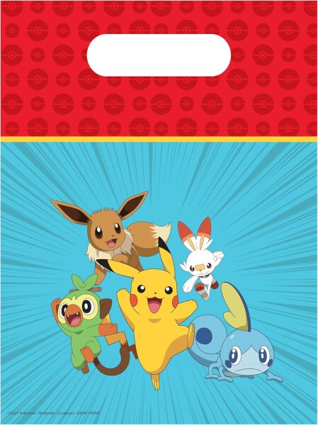 6 Partytüten * POKEMON * für Mitgebsel zum Kindergeburtstag und Party mit Tragegriffe 17x25cm aus Kunststofffolie Tüten Geschenktüten Kinder Geburtstag Deko Pikachu