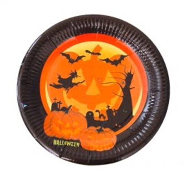 Partyteller: Pappteller Halloween Kürbis schwarz Ø  23 cm 8er-Pack
